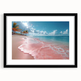 Framed wall art showcasing a serene beach landscape with vivid colors, featuring a black mat and sleek frame, perfect for home decor enhancement.