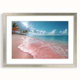 Framed wall art featuring a serene beach landscape with soft waves and a sunset, elegantly presented in a silver frame with a mat for added depth and sophistication.