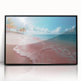 Framed acrylic wall art featuring a vibrant beach landscape with blue skies and golden sands, designed to enhance any modern interior decor.