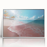 Framed wall art showcasing a serene beach landscape with soft waves and sunset hues, enclosed in a white frame, perfect for coastal decor enthusiasts.