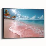 Framed wall art canvas showcasing a serene beach landscape design, featuring vibrant colors and intricate details. The piece is elegantly displayed from a side view, highlighting its sleek black frame, perfect for enhancing any coastal-themed decor.