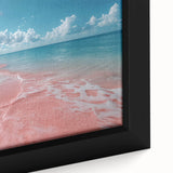Framed canvas wall art showcasing a vibrant beach landscape design with warm colors, featuring gentle waves and a clear sky, perfect for coastal decor.