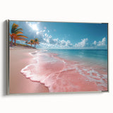 Framed canvas wall art showcasing a serene beach landscape with vibrant colors and silver accents, ideal for modern home decor and relaxation themes.