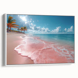 Framed canvas wall art showcasing a serene beach landscape with vibrant colors and detailed textures, featuring a white frame and side view for optimal display.