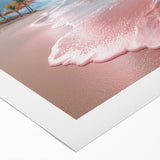 Rolled canvas artwork depicting a serene beach landscape at sunset, showcasing vibrant colors and soft waves, ideal for home decor or coastal themes.