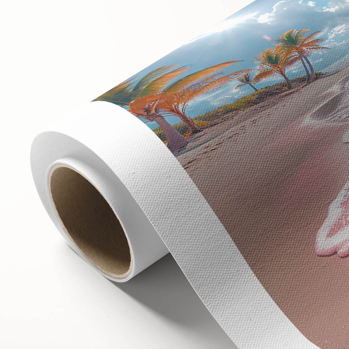 Vibrant beach landscape wall art on rolled canvas showcasing a serene ocean scene with golden sand and clear blue skies, perfect for coastal decor.