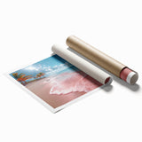 Rolled print showcasing a vibrant beach landscape with vivid colors and serene waves, ideal for home decor. Packaged securely in a durable cardboard tube.
