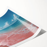 Vibrant rolled print of a serene beach landscape wall art, showcasing vivid blues and sandy hues, ideal for coastal-themed decor. Packaged securely for safe delivery.