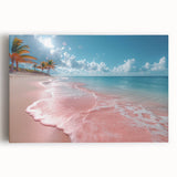 Stretched canvas wall art featuring a serene beach landscape with soft waves, warm sunset colors, and lush palm trees, perfect for coastal decor enthusiasts.