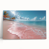 Stretched canvas wall art depicting a serene beach landscape, featuring soft pastel colors and gentle waves, designed to enhance coastal-themed décor.