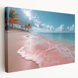 Stretched canvas wall art showcasing a serene beach landscape with vibrant blue skies and golden sand, perfect for adding a coastal vibe to any room.