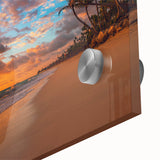 Close-up of a vibrant acrylic glass wall art piece showcasing a serene beach landscape with blue skies and golden sand, perfect for home decor. Ideal for adding a coastal touch to any room.