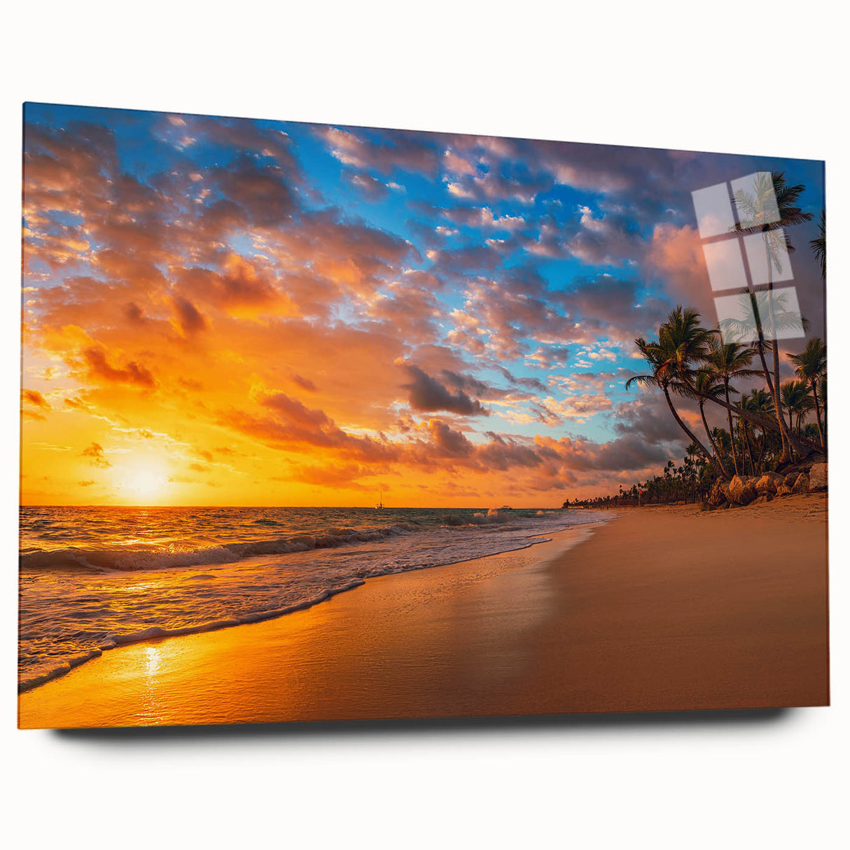 Acrylic wall art showcasing a serene beach landscape, framed with a sleek glass edge, emphasizing vibrant colors and tranquil scenery, perfect for home decor.