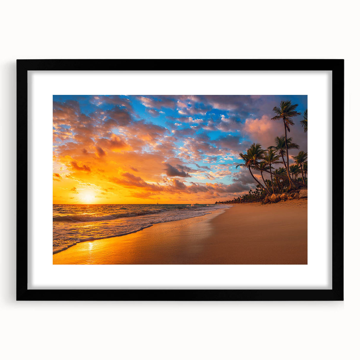 Framed black wall art featuring a serene beach landscape design with a white mat, perfect for home decor in coastal or modern interiors.