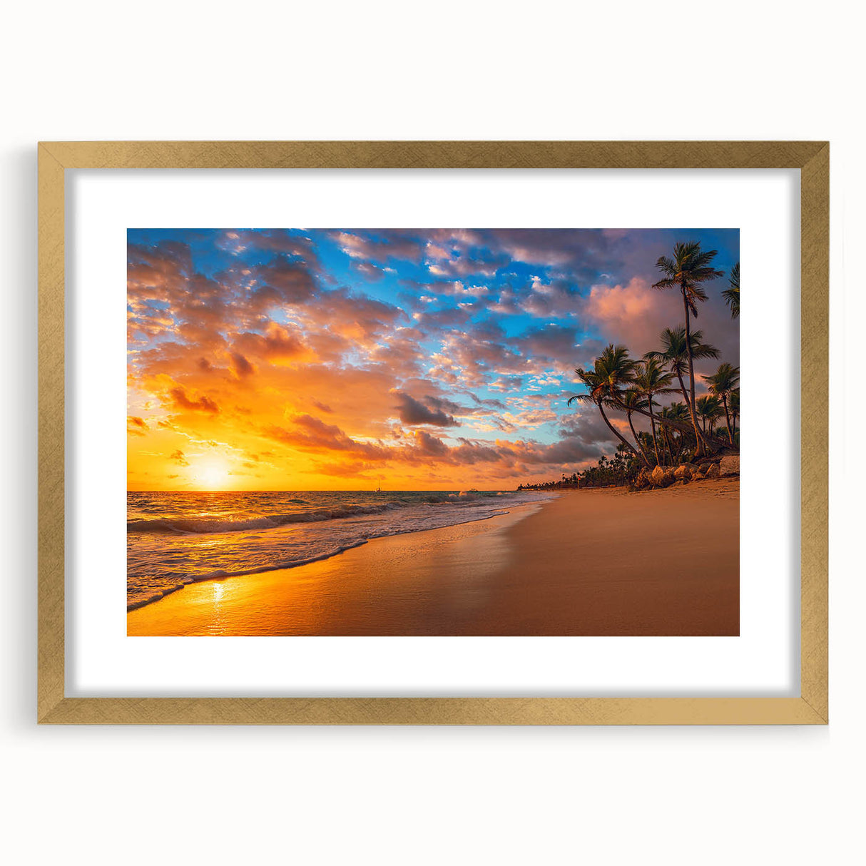 Gold-framed wall art featuring a serene beach landscape with vibrant colors, perfect for home decor, enhancing ambiance with coastal vibes and elegance.