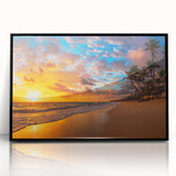 Framed acrylic wall art featuring a serene beach landscape in vibrant colors, showcasing the calming ocean waves and sandy shore, designed to enhance home decor.