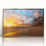 Framed wall art featuring a serene beach landscape design with vibrant colors and gold acrylic accents, perfect for home decor or office ambiance.