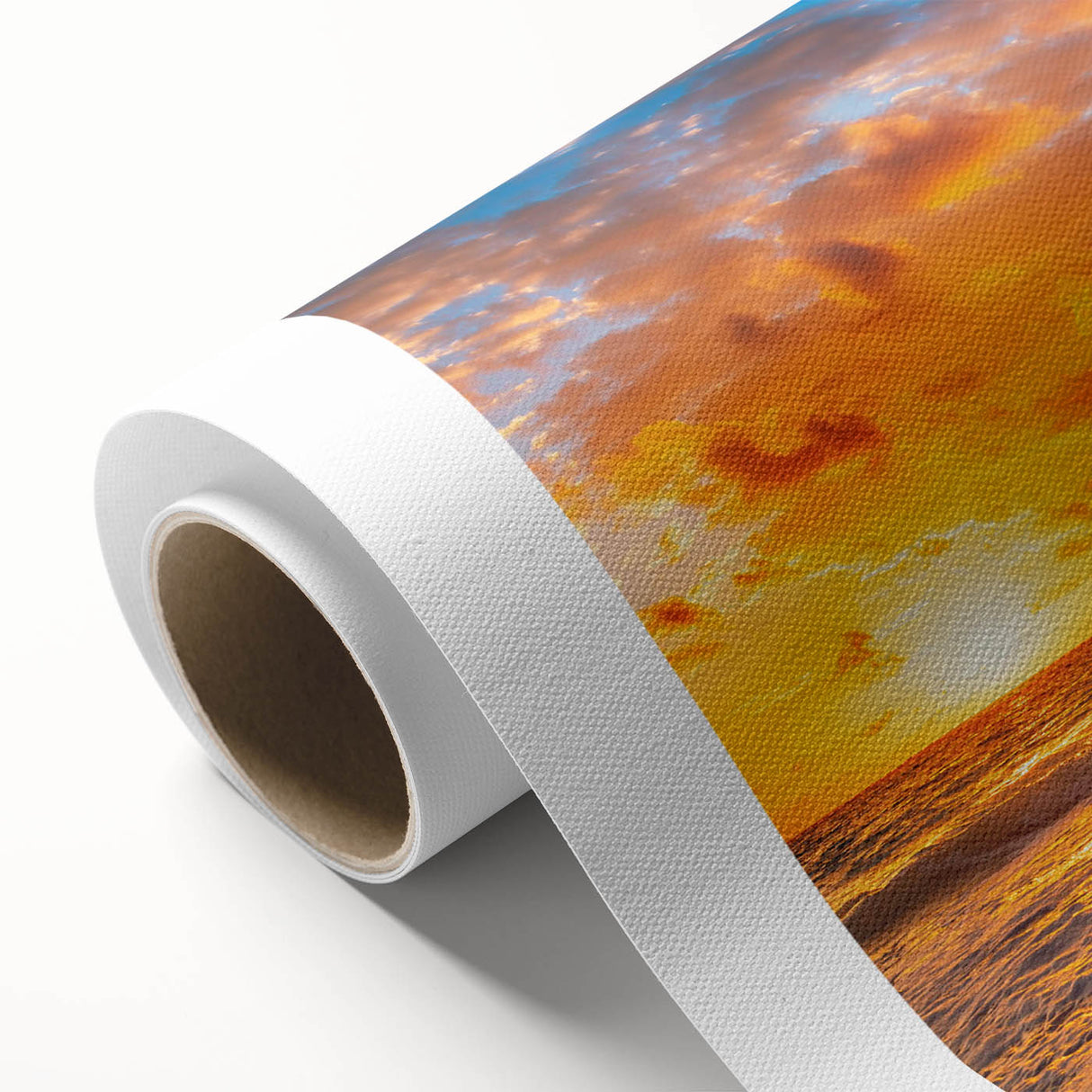Rolled canvas artwork showcasing a serene beach landscape design, featuring vibrant colors and gentle waves, ideal for home decor or office ambiance.