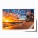 Colorful tropical beach landscape wall art print showcasing vibrant blue skies and golden sand, rolled in protective packaging for easy display. This stunning piece captures the essence of coastal serenity, perfect for home decor enthusiasts.