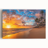 Stretched canvas wall art featuring a serene beach landscape with vibrant colors, perfect for home decor, showcasing tranquil ocean waves and a clear blue sky.