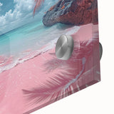 Vibrant close-up of a modern wall art collection showcasing a beach landscape design, featuring rich colors and abstract patterns on acrylic glass, perfect for contemporary decor.