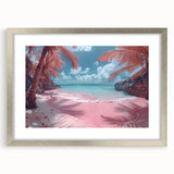 Framed wall art depicting a serene beach landscape with vibrant colors and intricate details, set in a silver mat, ideal for home decor or office settings.