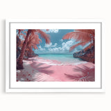 Framed beach landscape wall art featuring vibrant colors with a white mat, showcasing serene ocean waves and a clear sky, ideal for enhancing home decor.