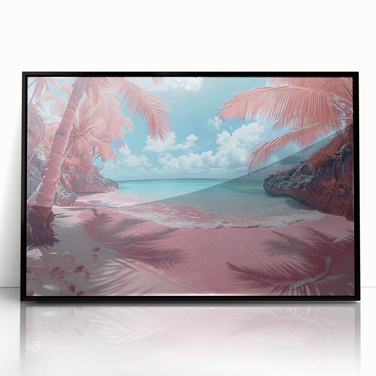 Framed acrylic wall art showcasing a serene beach landscape with vibrant colors, ideal for modern home decor. The black frame enhances the coastal design's elegance.