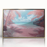 Framed acrylic wall art showcasing a stunning beach landscape with vibrant colors, gold accents, and a contemporary design, perfect for home decor.