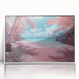 Framed acrylic wall art showcasing a vibrant beach landscape with soothing blue waters and golden sand, designed to enhance modern home decor.