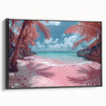 Framed canvas wall art showcasing a serene beach landscape with soft pastel colors, enhancing any living space's decor. Black frame adds elegance and depth.