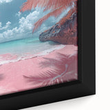 Close-up of a framed canvas wall art piece showcasing a vibrant beach landscape with soft waves and a sunset sky, ideal for coastal home decor.