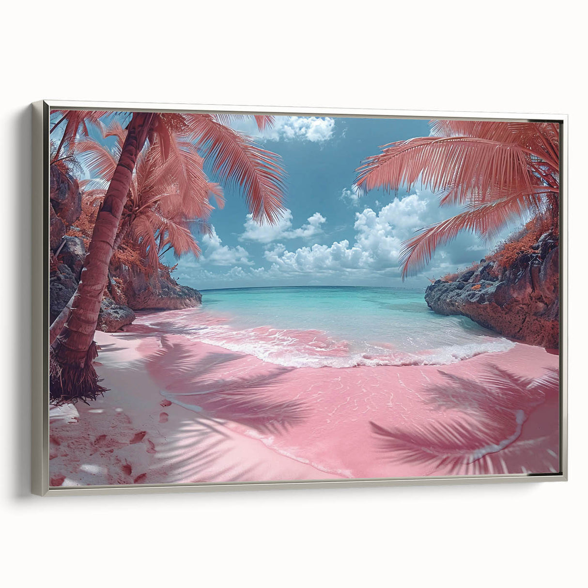 Framed canvas wall art showcasing a serene beach landscape, featuring vibrant colors and intricate details, elegantly displayed with a silver frame from the collection.