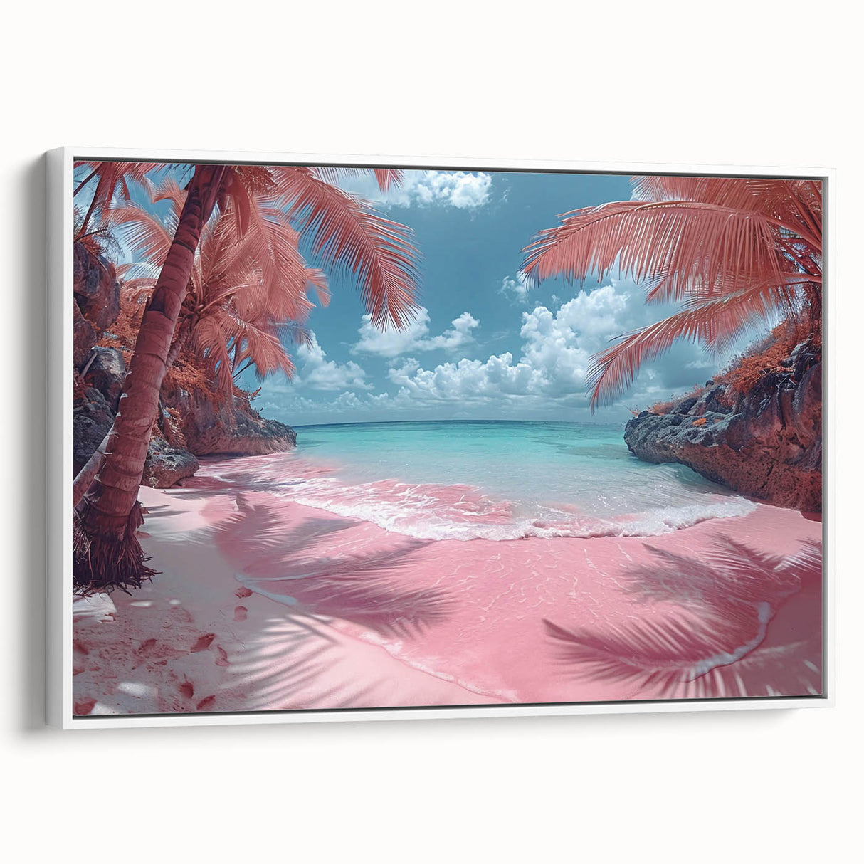 Framed canvas wall art showcasing a serene beach landscape with vibrant colors and soft waves, displayed against a white backdrop, perfect for home decor.