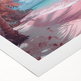 Rolled canvas artwork showcasing a serene beach landscape, with vibrant blues and sandy tones, perfect for home decor. Packaged securely in a cardboard tube for protection.