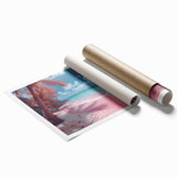 Vibrant rolled canvas print showcasing a serene beach landscape with soft pastel colors, elegantly packaged in a protective cardboard tube for easy transport.