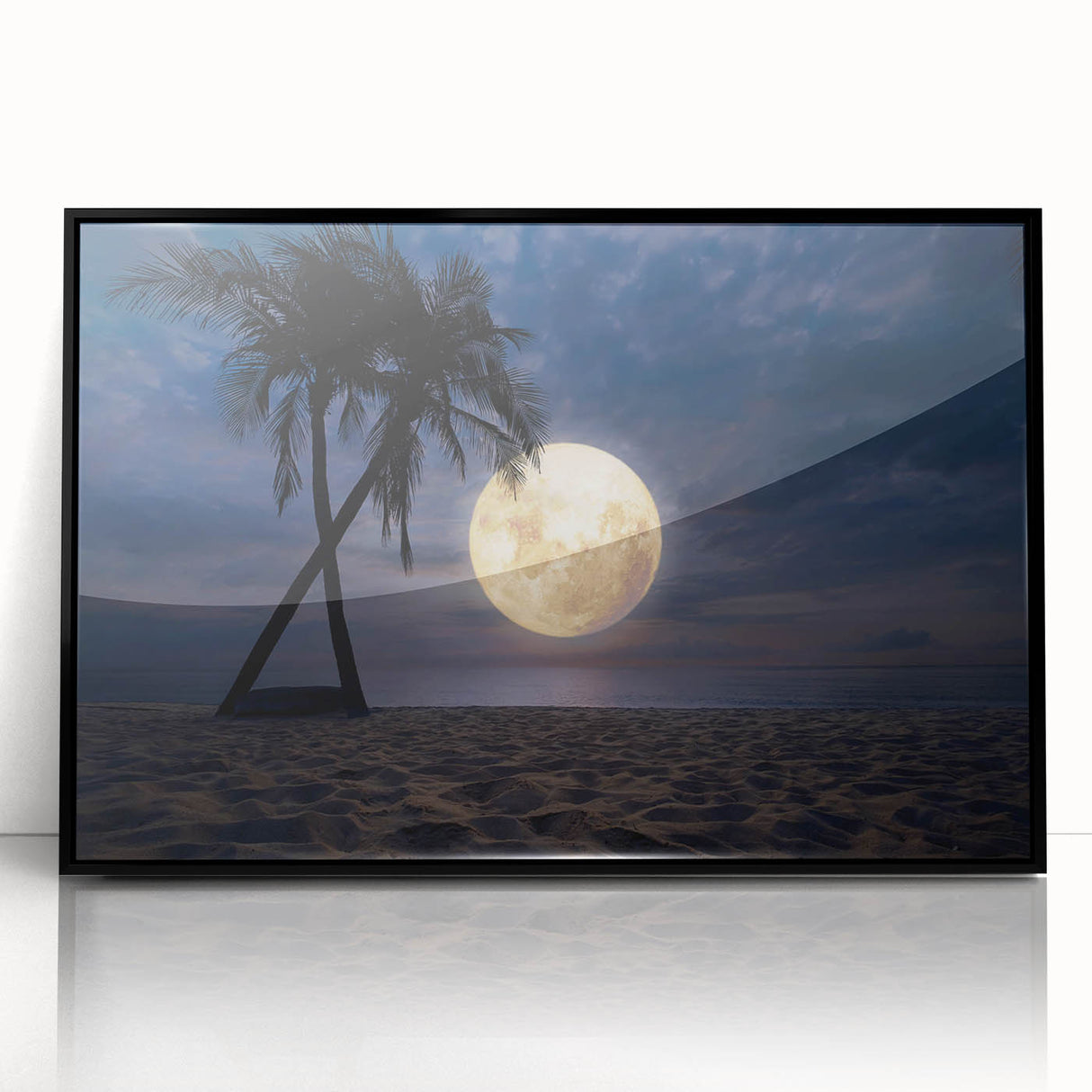 Framed acrylic wall art collection showcasing serene beach landscapes, with a sleek black frame, enhancing any modern home decor with calming ocean hues.