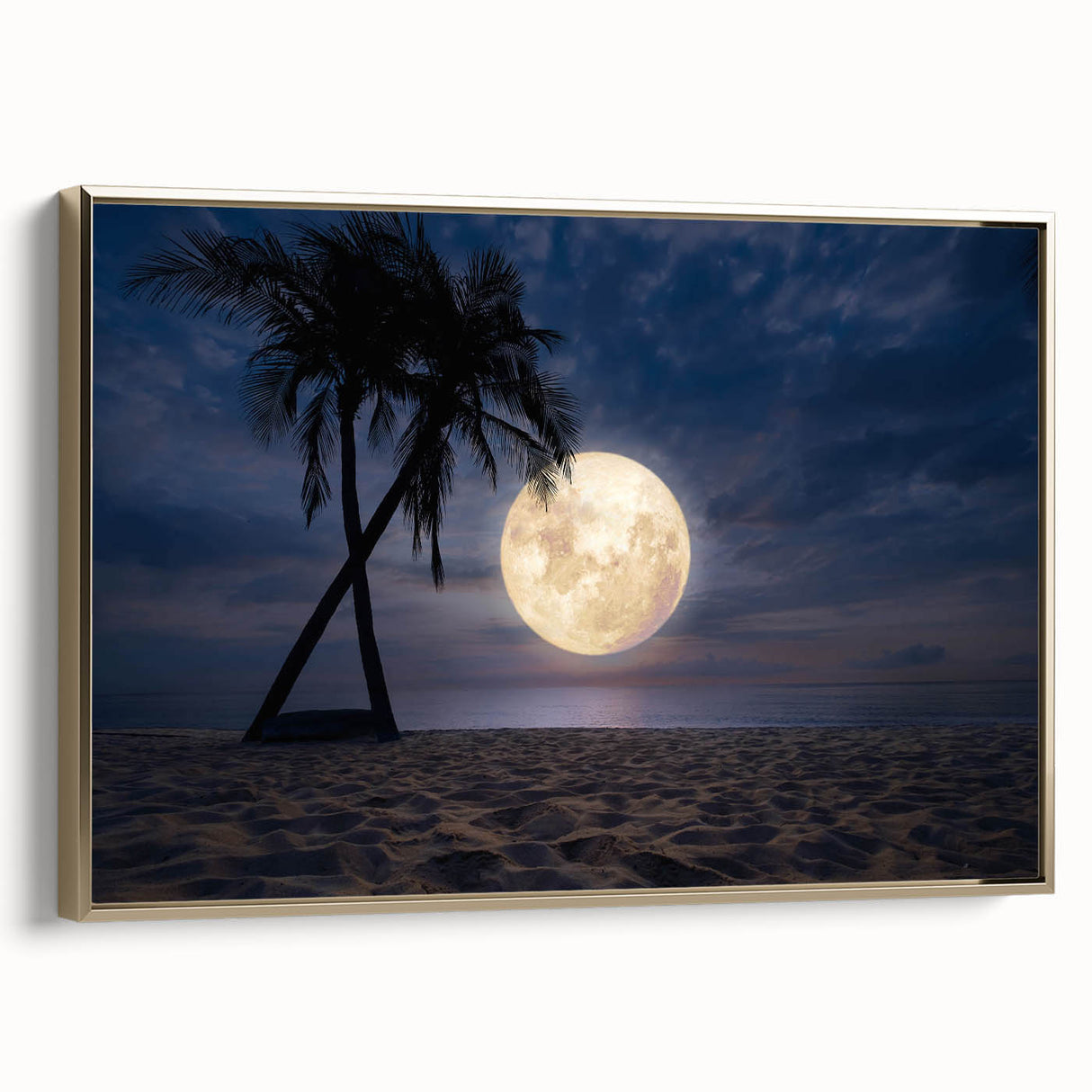Framed canvas wall art depicting a serene beach landscape, featuring soft blue skies and golden sands, perfect for enhancing modern home decor.