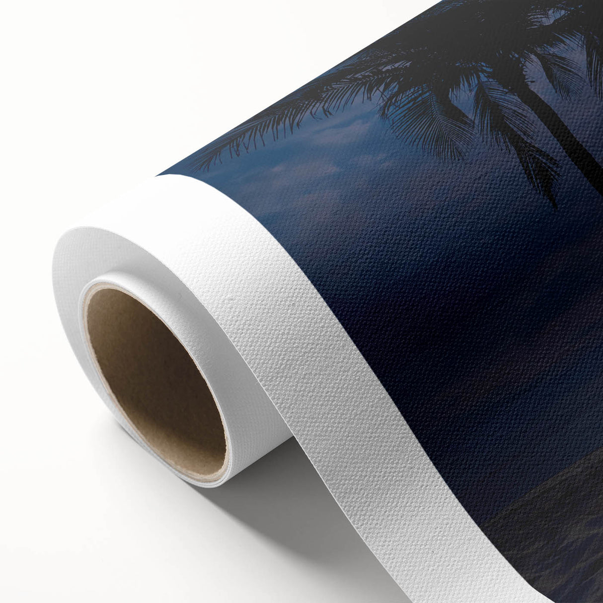Vibrant rolled canvas wall art showcasing a serene beach landscape with pastel colors and gentle waves, elegantly packaged in a protective cardboard tube.