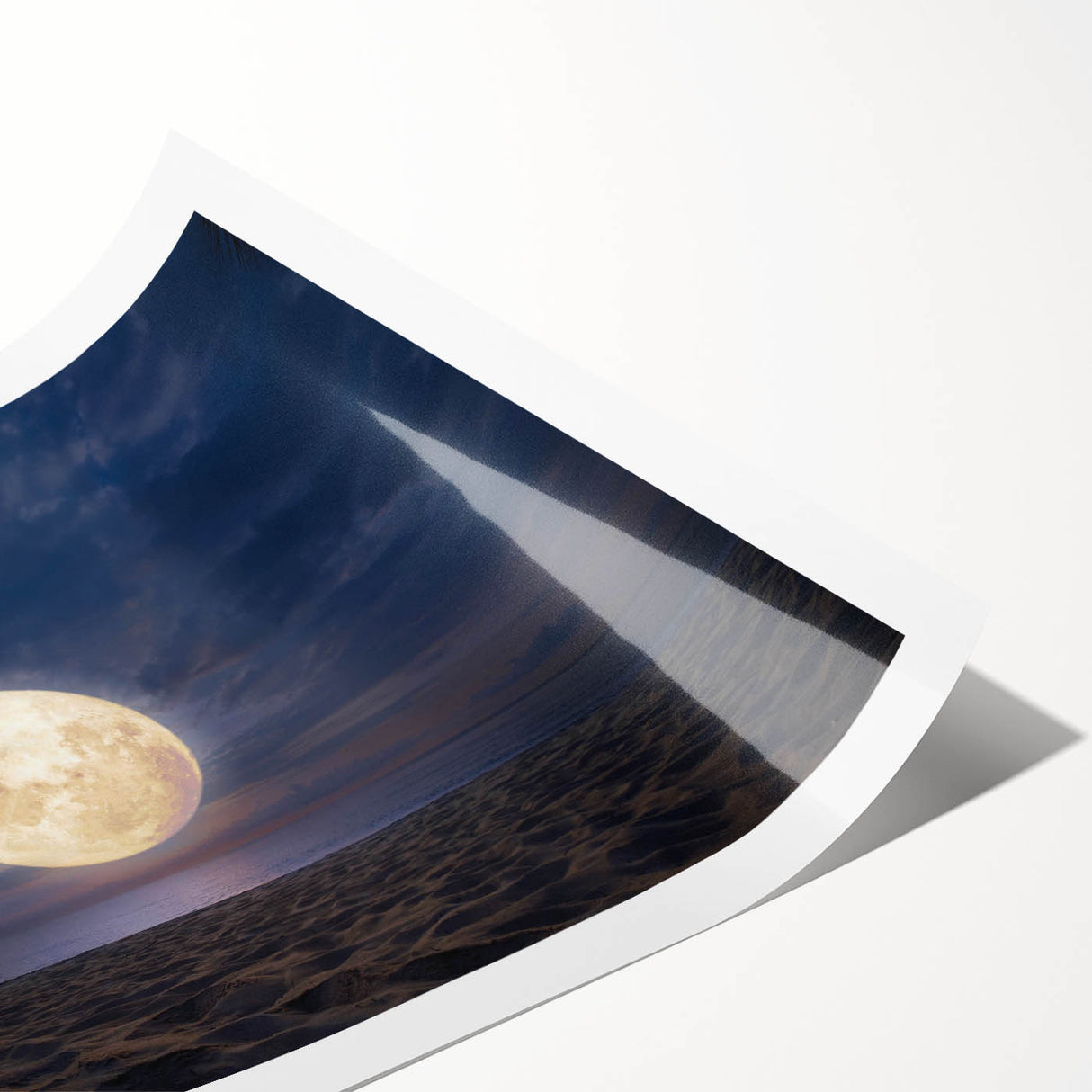 Rolled beach-themed wall art print showcasing vibrant ocean waves and sandy shores, elegantly packaged in a protective cardboard tube for easy display.