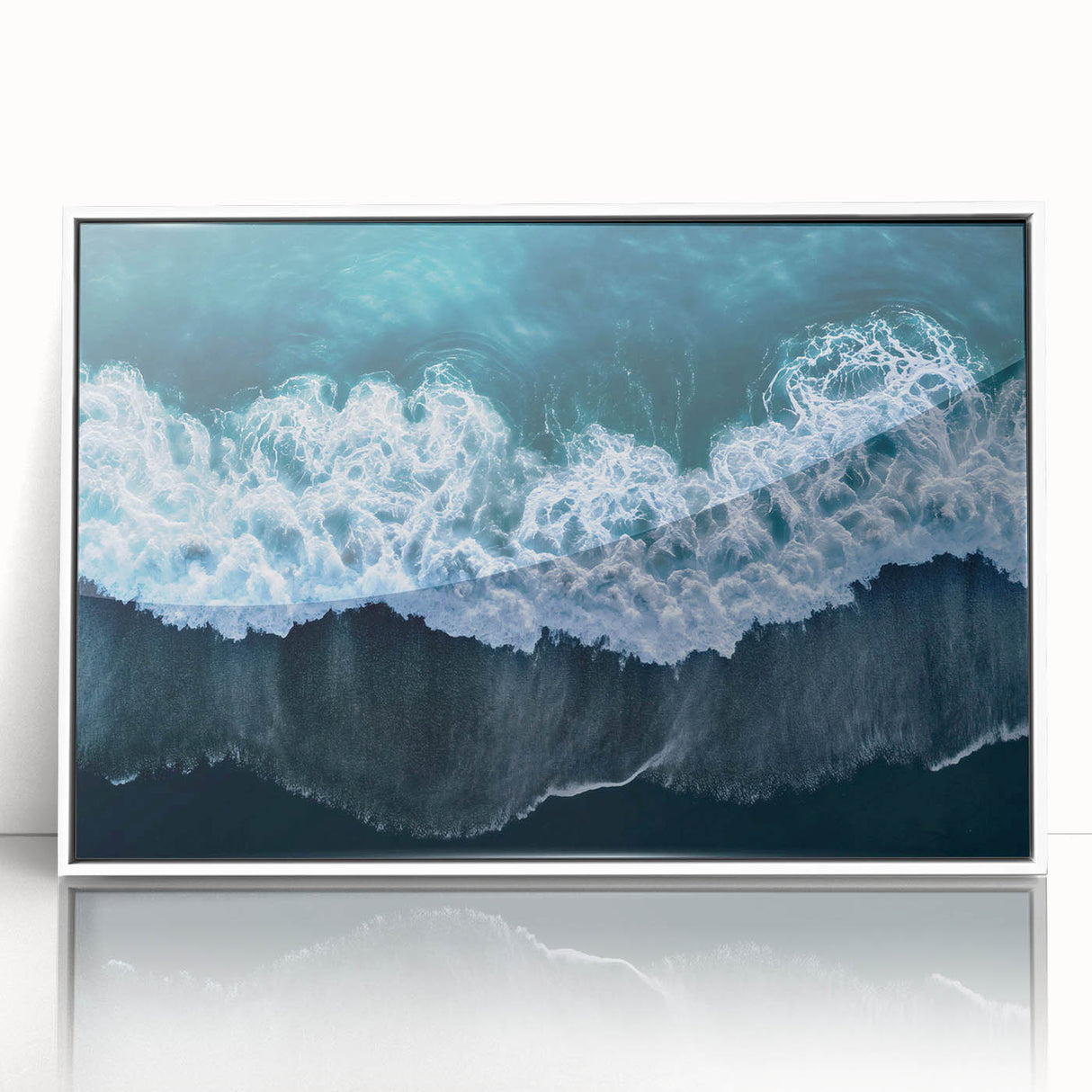 Framed acrylic wall art showcasing a serene beach landscape with vibrant colors, perfect for home decor. The white frame enhances the coastal theme and adds elegance.