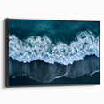 Framed canvas wall art showcasing a serene beach landscape with vibrant colors, black frame, and a stylish side view, perfect for modern home decor.