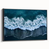 Framed canvas wall art showcasing a serene beach landscape with vibrant colors, black frame, and a stylish side view, perfect for modern home decor.
