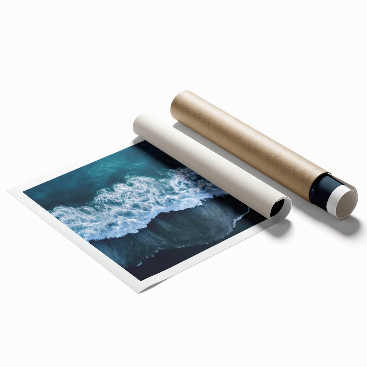 Vibrant beach landscape wall art print showcasing a serene ocean view with soft waves and golden sand, rolled for easy display and shipping. Ideal for coastal decor.