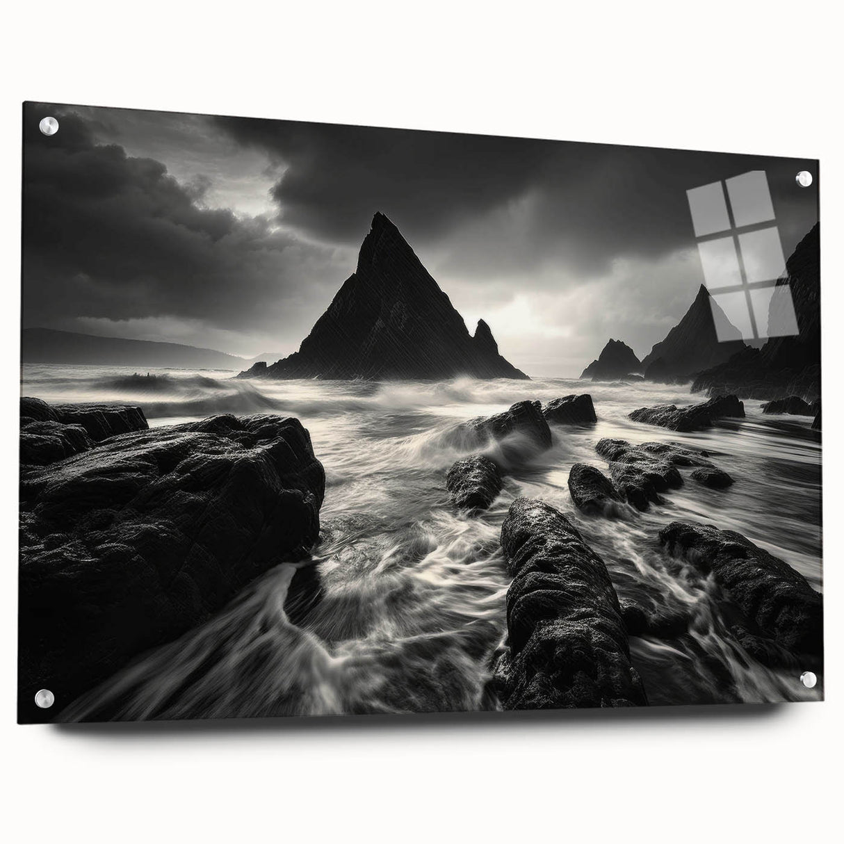 Side view of an acrylic glass wall art piece showcasing a vibrant beach landscape design, featuring a mix of blues and sandy tones, elegantly displayed with decorative pins. Ideal for coastal-themed home decor.