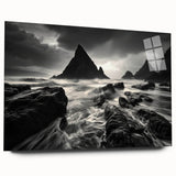 Acrylic glass wall art piece showcasing a serene beach landscape, featuring vibrant blues and sandy tones, designed for modern home decor. Ideal for coastal-themed interiors.