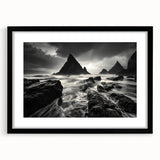 Framed wall art depicting a serene beach landscape with vibrant colors, featuring a black matte frame that enhances the artwork's appeal, ideal for home decor.
