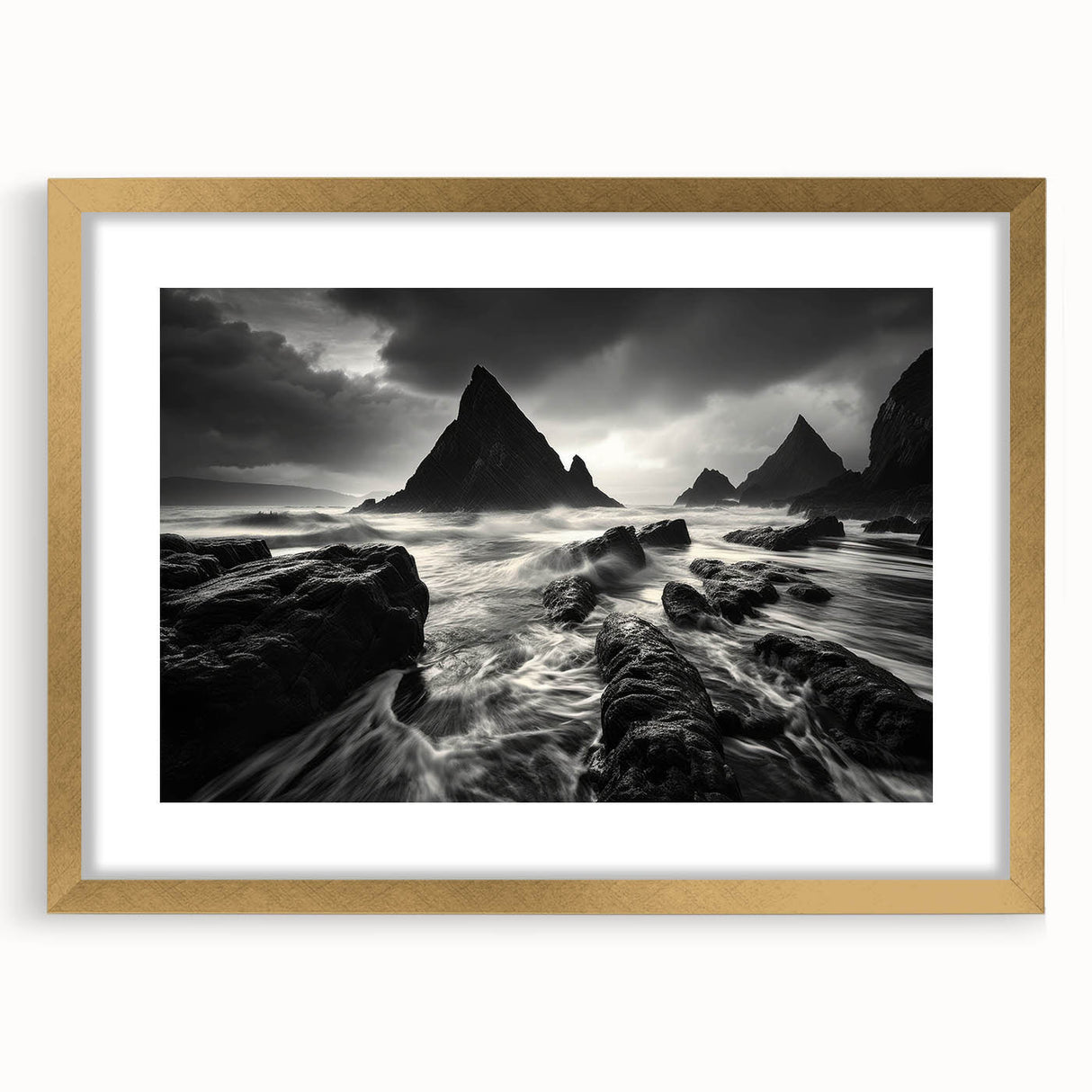 Framed wall art featuring a serene beach landscape design with a gold mat and frame, perfect for enhancing home decor and creating a calming atmosphere.