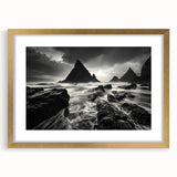 Framed wall art featuring a serene beach landscape design with a gold mat and frame, perfect for enhancing home decor and creating a calming atmosphere.