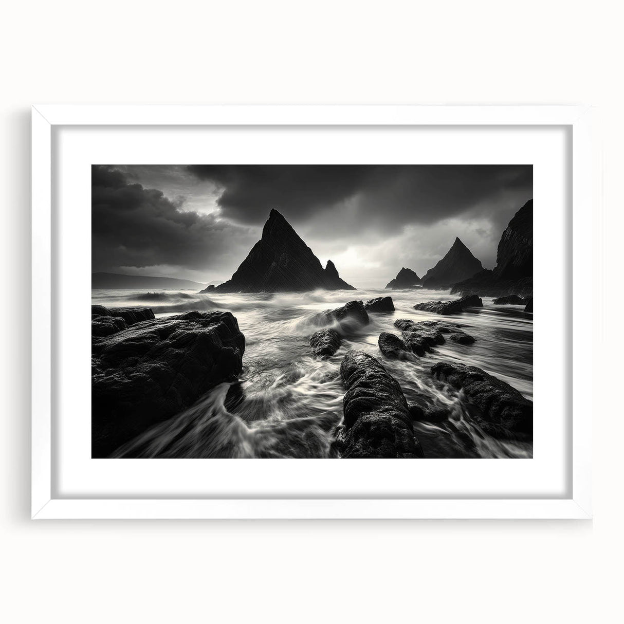 Framed wall art showcasing a serene beach landscape with vibrant colors, displayed in a white mat, perfect for modern home decor and coastal themes.